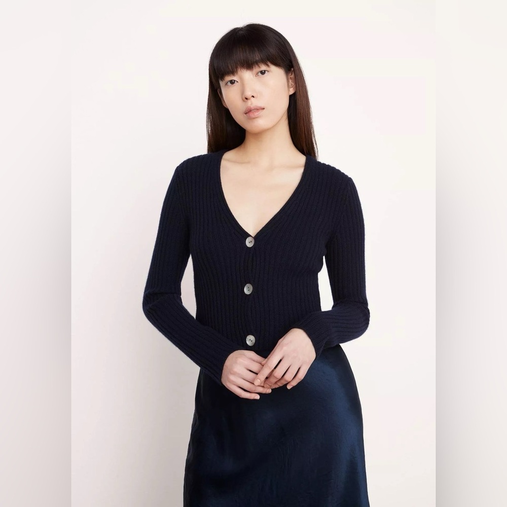NWT $445 Vince Cashmere Ribbed Button-front Cardigan In Blue